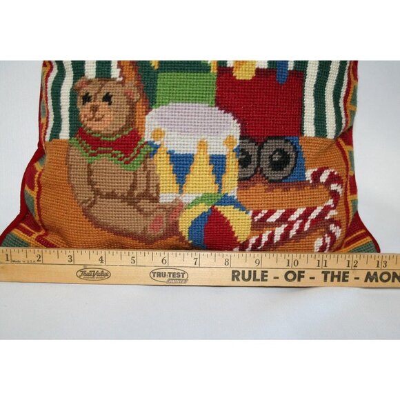 VTG Needlepoint Holiday Christmas Pillow Velvet Back Retro Classic Toys 13x13 - Picture 6 of 6